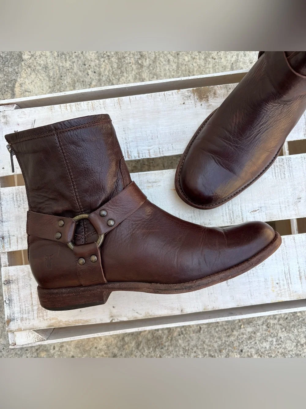 Frye Brown Leather Phillip Harness Ankle Moto Biker Zip Boots Size 9